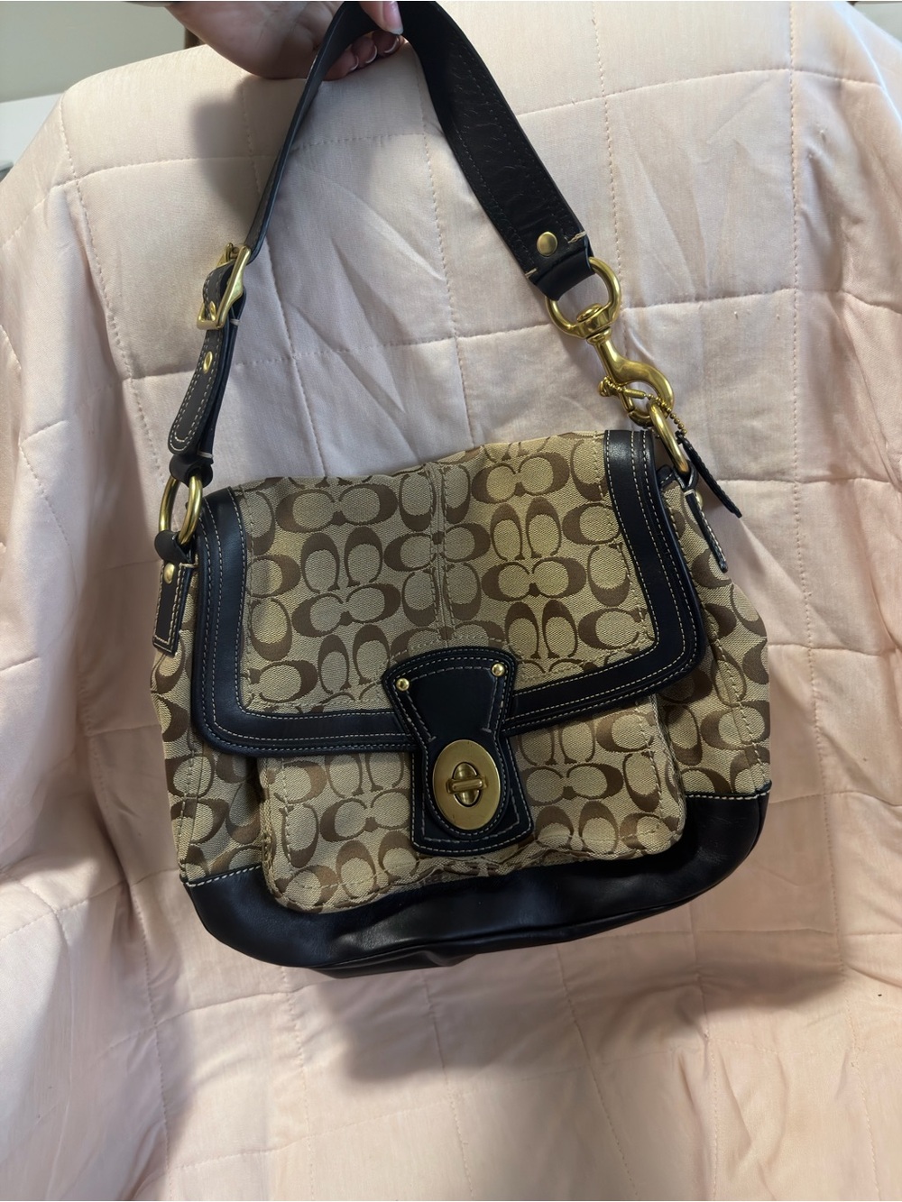 Coach Khaki Signature Canvas Shoulder Bag with Black Trim